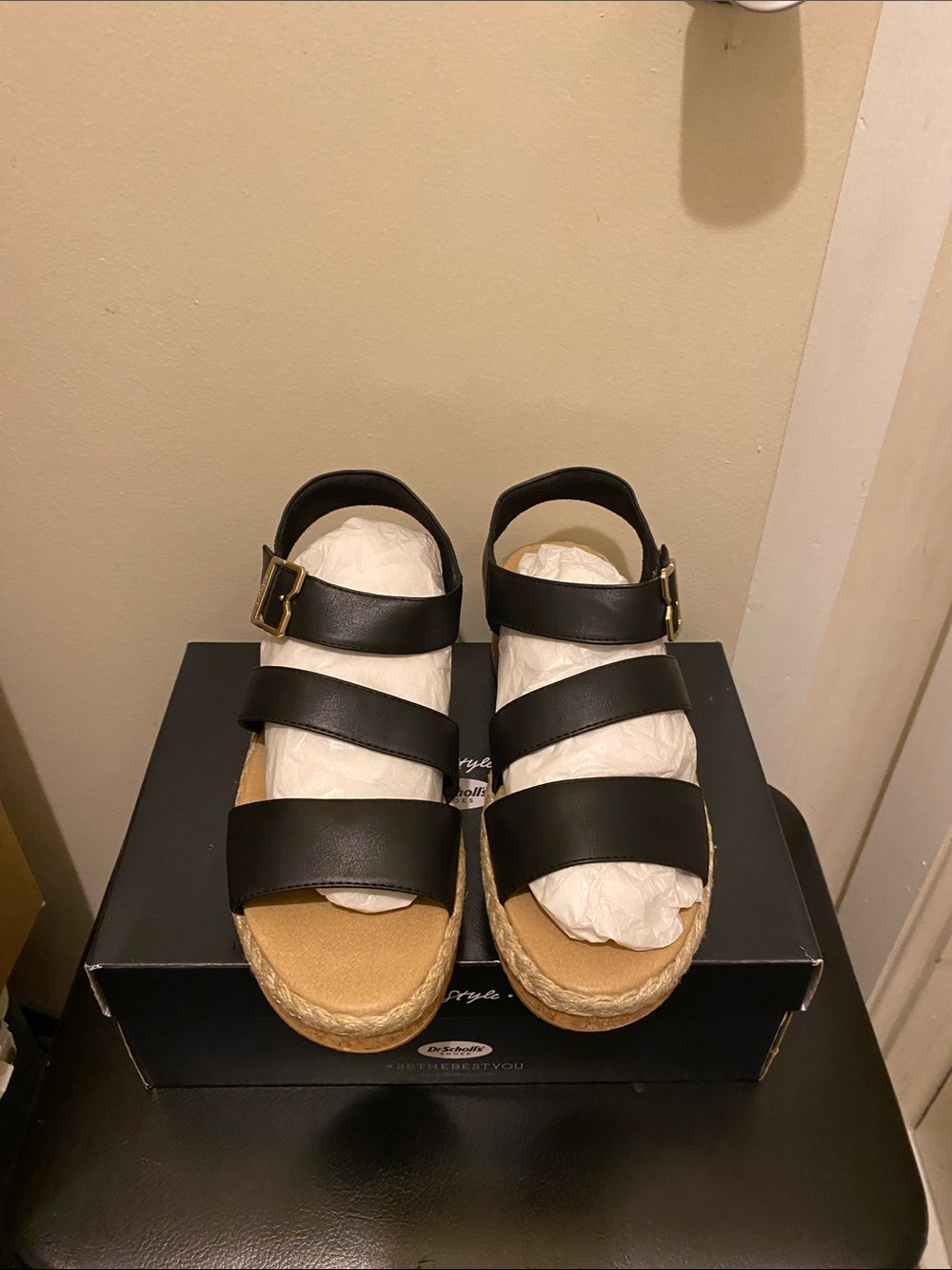 Ellie Ladies Black Triple-Strap Espadrille Sandals